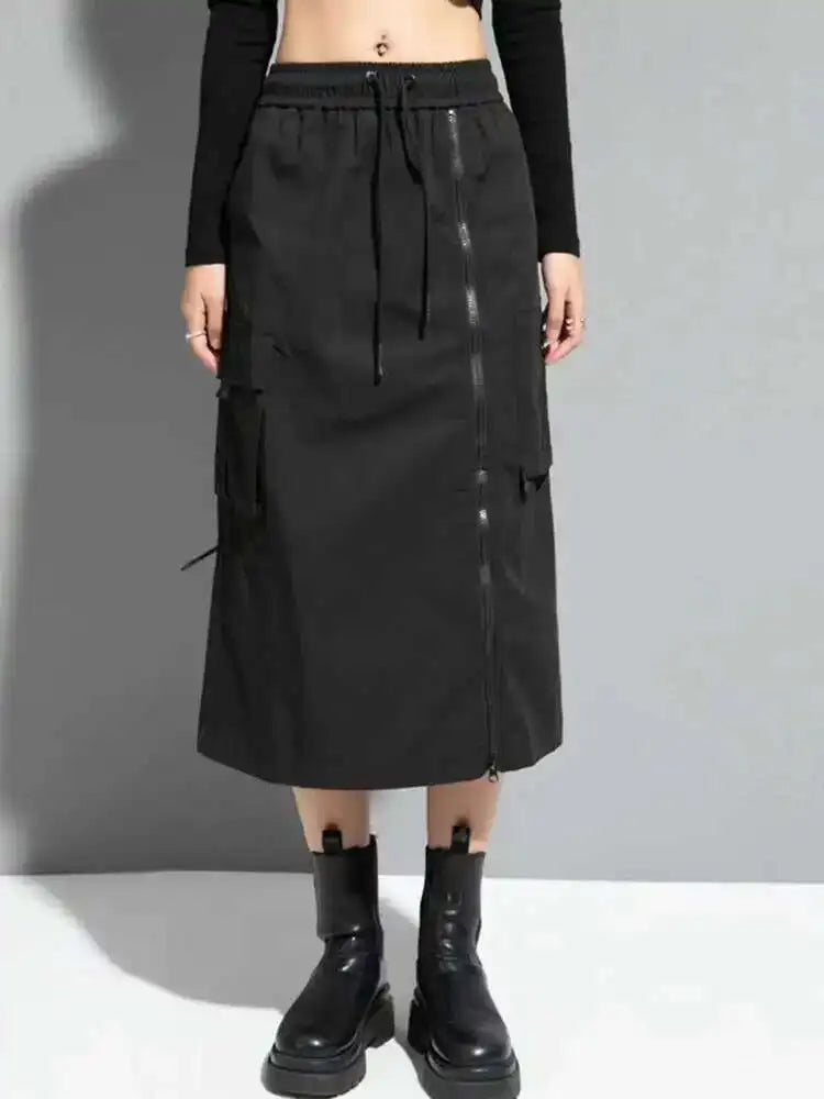 High Elastic Waist Black Zipper Long Spliced Long Casual Half-body Skirt Women Fashion Tide New Spring Autumn 2025 1DF1656