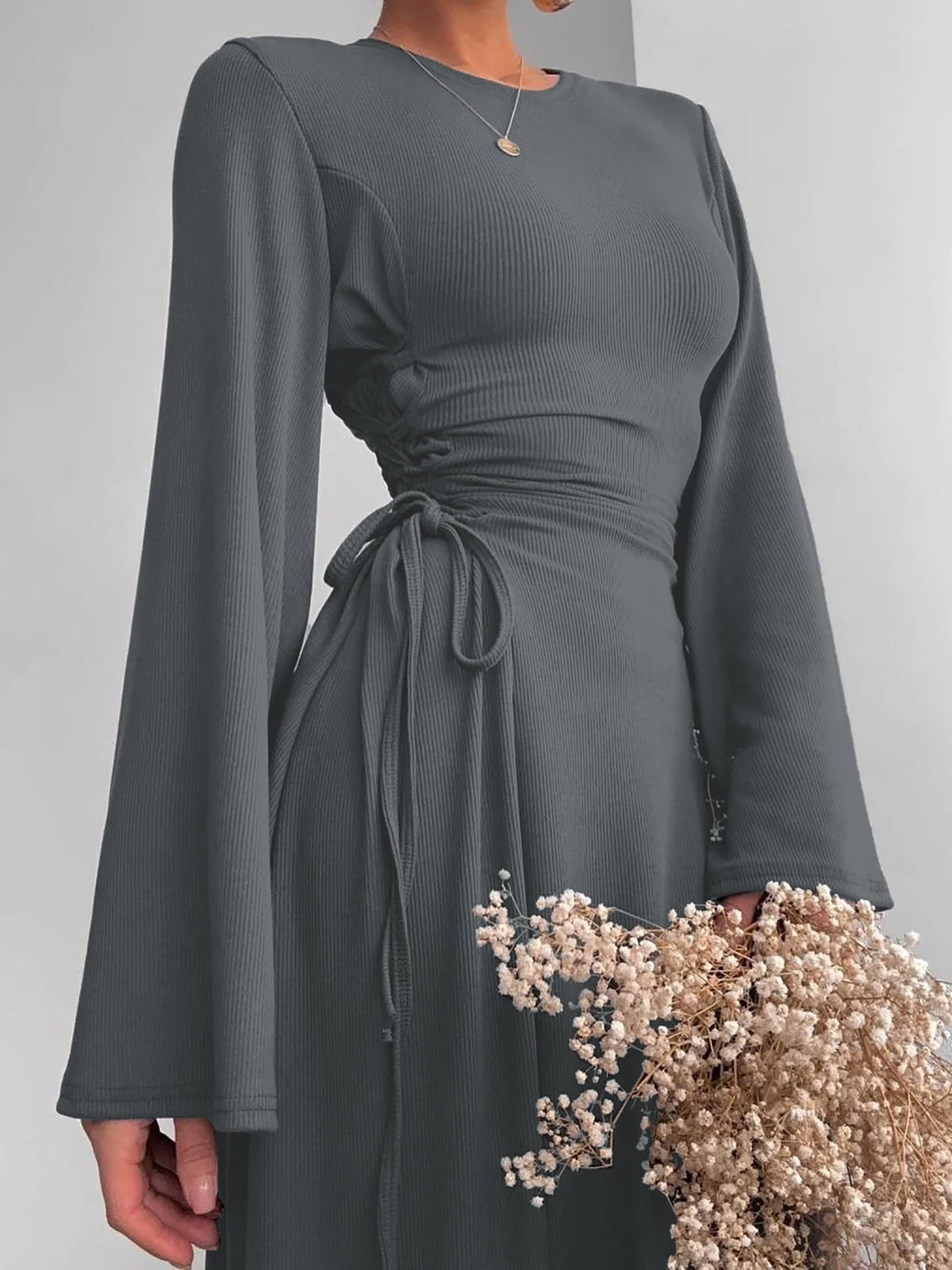 Ribbed Solid O Neck Long Flare Sleeve Bandage Sexy Bodycom Maxi Dress Fall Elegant Y2K Outfits Birthday Party Outfits