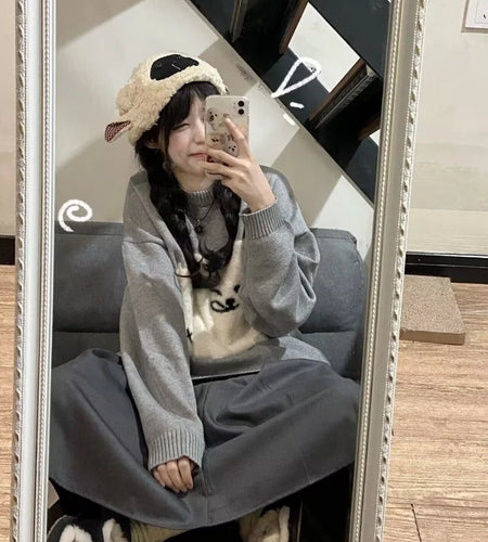 Japanese Grunge Kawaii Cute Flocking Dog Sweaters Women Y2k Aesthetic Casual Loose Jumpers 2025 Autumn New Gentle Gray Pullovers