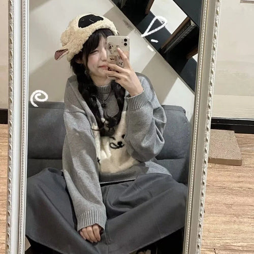 Load image into Gallery viewer, Japanese Grunge Kawaii Cute Flocking Dog Sweaters Women Y2k Aesthetic Casual Loose Jumpers 2025 Autumn New Gentle Gray Pullovers
