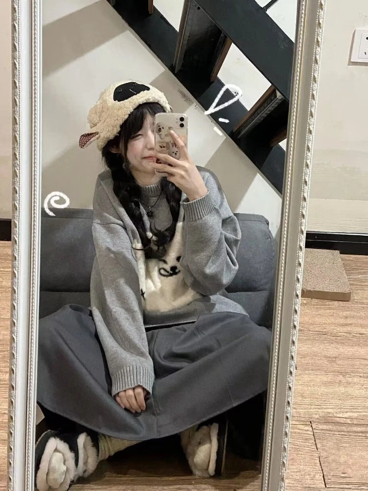 Japanese Grunge Kawaii Cute Flocking Dog Sweaters Women Y2k Aesthetic Casual Loose Jumpers 2025 Autumn New Gentle Gray Pullovers