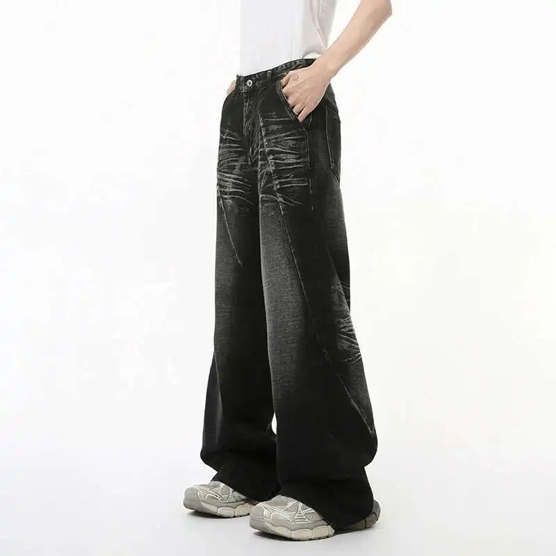 American Style Men's Denim Pants Washed Cat Whisker Three-dimensional Patchwork Straight Leg Streetwear Male Jeans 9C8202