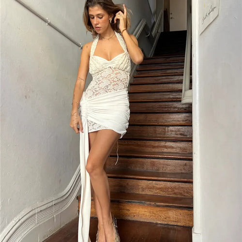 Load image into Gallery viewer, Lace Draped Ruched Sexy Mini Dress For Women Robe Fashion Halter Off-shoulder Backless Sleeveless Bodycon Club Dress
