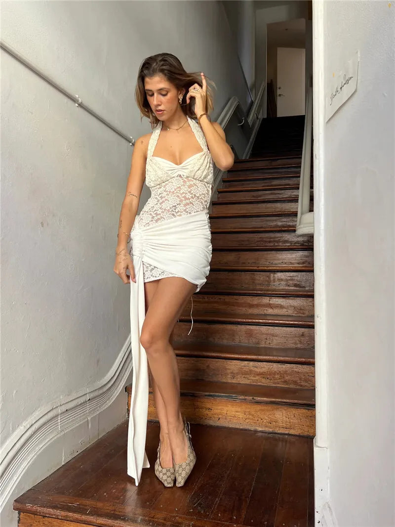 Lace Draped Ruched Sexy Mini Dress For Women Robe Fashion Halter Off-shoulder Backless Sleeveless Bodycon Club Dress