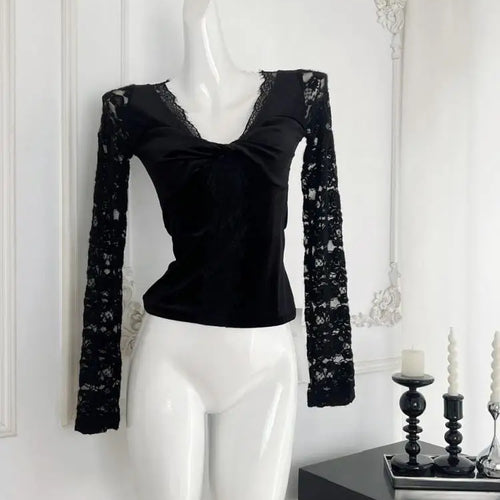 Load image into Gallery viewer, New 2024 Women's Autumn White Lace V-neck Holiday Short T Shirt Black Elegant Long Sleeve Pleated Bottom Tops Fashion Versatile
