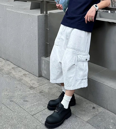 High Street Men's Denim Shorts Casual Big Pockets Patchwork Overall Straight Leg Loose Male Jeans Fashion 9C6820