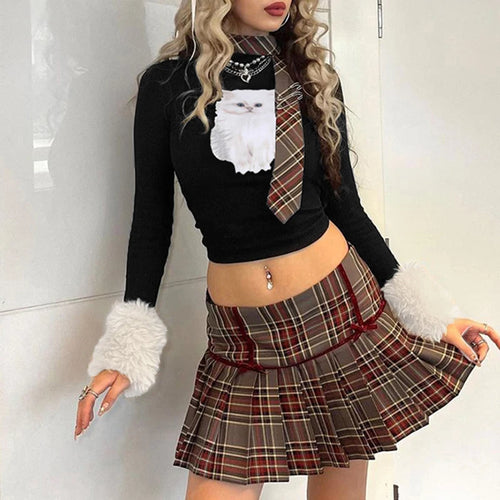 Load image into Gallery viewer, Fashion Fluffy Cat Print Winter T shirt Female Faux Fur Trim Long Sleeve Tee Kawaii Vintage Slim Crop Tops Round Neck
