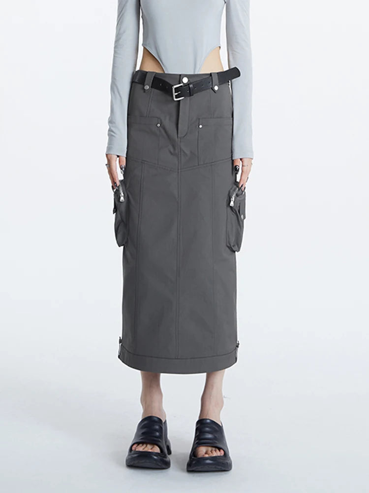 Streetwear Midi Skirt For Women High Waist Patchwork Pockets Solid Straight Minimalist Skirts Female Clothing