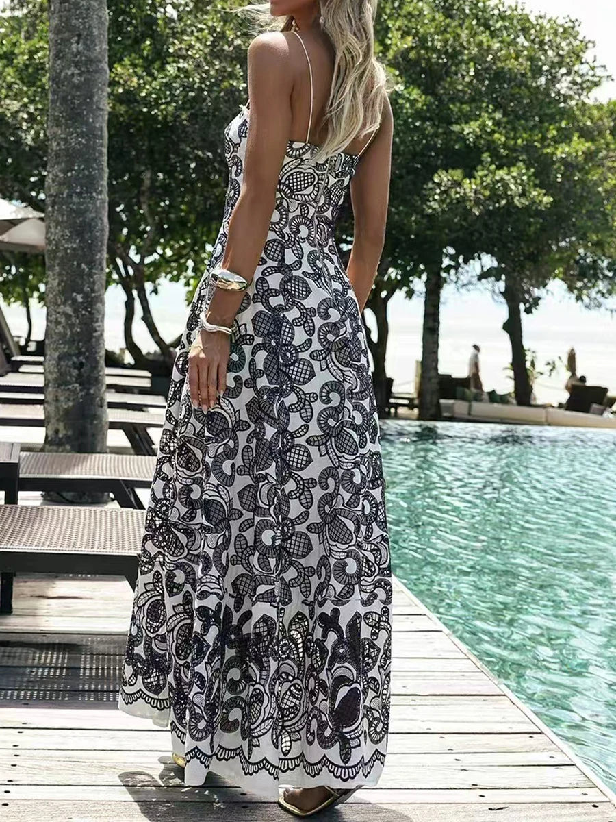 Hit Color Slimming Long Dresses For Women Square Neck Sleeveless High Waist Temperament Long Dress Female Fashion