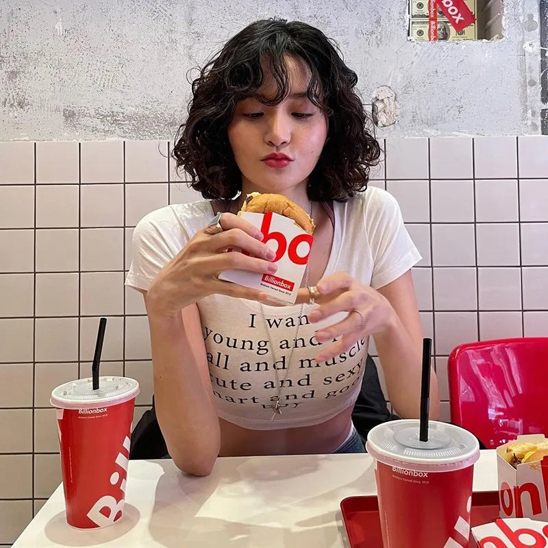 Korean Fashion Crop Tops Grunge Letter Print T-shirts Kpop Sexy Slim Short Sleeve Tee Shirts Japanese Style Streetwear