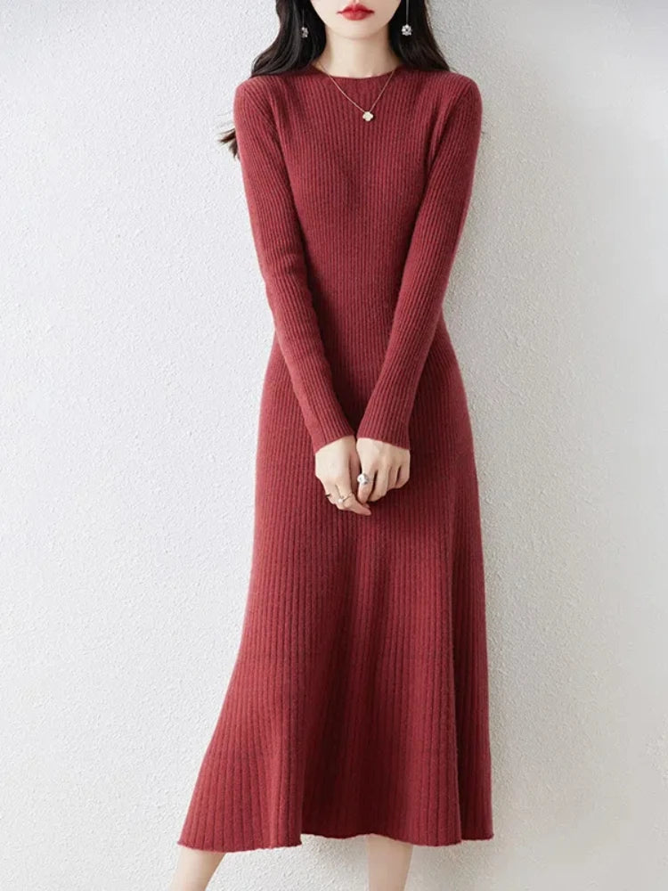 Winter/ Autumn Oneck Female Dresses 100% Wool Knitted Dress For Women 2024 New Arrival  Long Style 6Colors Jumpers