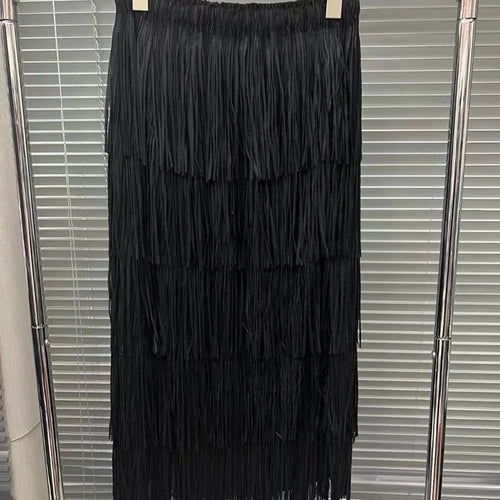 Load image into Gallery viewer, Vintage Elegant Skirt For Women High Waist Patchwork Tassel Hem Solid Midi Skirts Female High Street Summer Clothing Style Y2k
