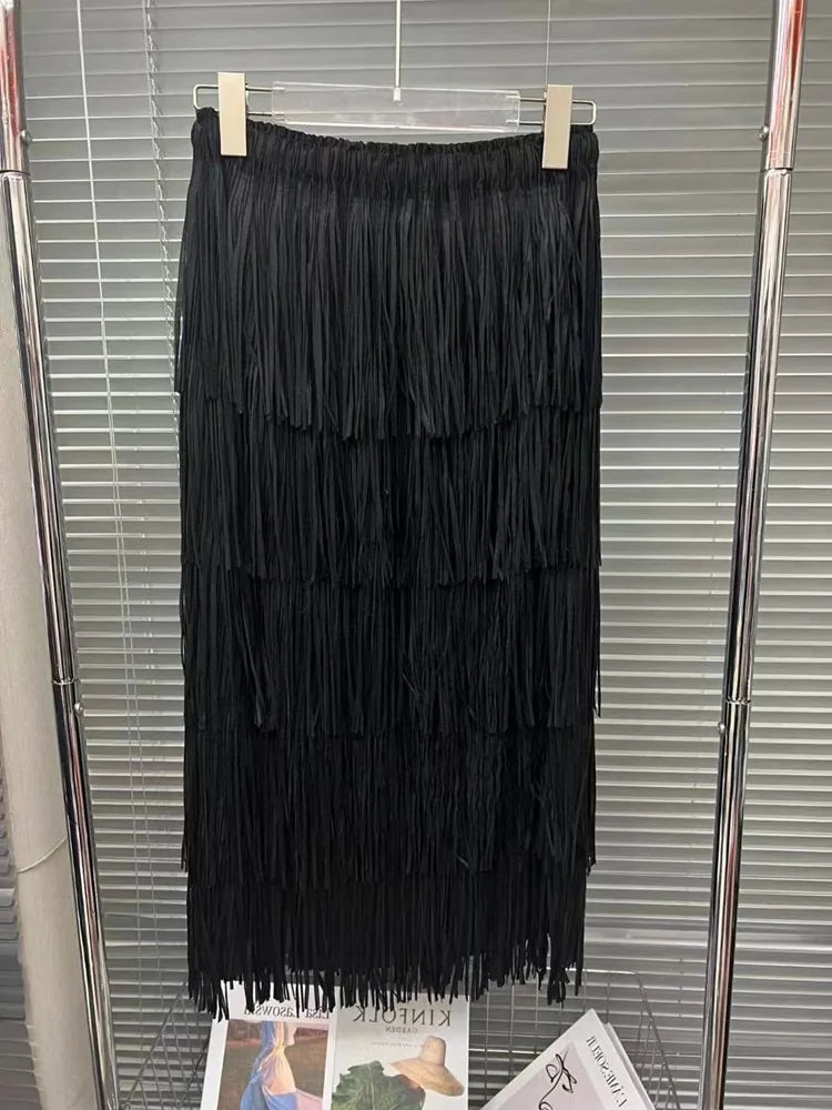 Vintage Elegant Skirt For Women High Waist Patchwork Tassel Hem Solid Midi Skirts Female High Street Summer Clothing Style Y2k