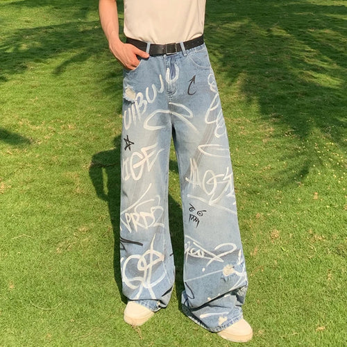 Load image into Gallery viewer, High Street Men&#39;s Jeans Graffiti Contrast Color Trousers Straight Wide Leg Male Denim Pants Fashion Summer 2024 9C6793
