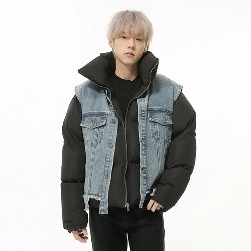 Load image into Gallery viewer, Fake Two-piece Men&#39;s Coats Niche Design Stand Collar Detachable Sleeveless Vest Patchwork Drawstring Padded Jackets 9C9331
