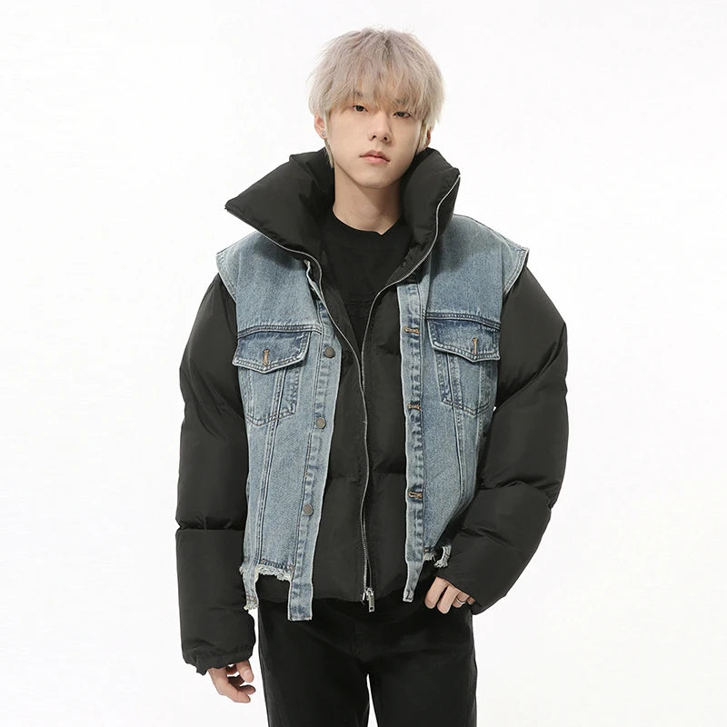 Fake Two-piece Men's Coats Niche Design Stand Collar Detachable Sleeveless Vest Patchwork Drawstring Padded Jackets 9C9331