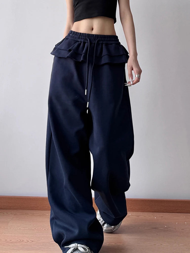 High Elastic Waist Gray Ruffles Drawstring Wide Leg Pants New Trousers Women Fashion Tide Spring Autumn 2025 1DH9617