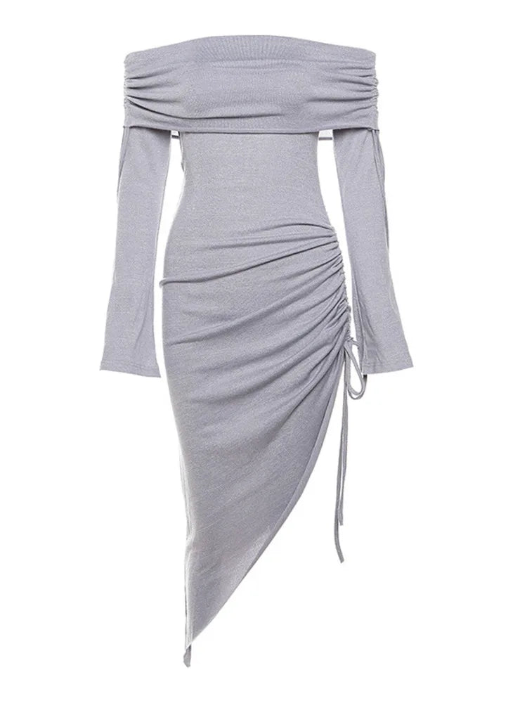 Elegant Winter New Women Fashion Long sleeved Dress One line Neck Drawstring Wrap Hip Vestidos Bodycon Party Evening