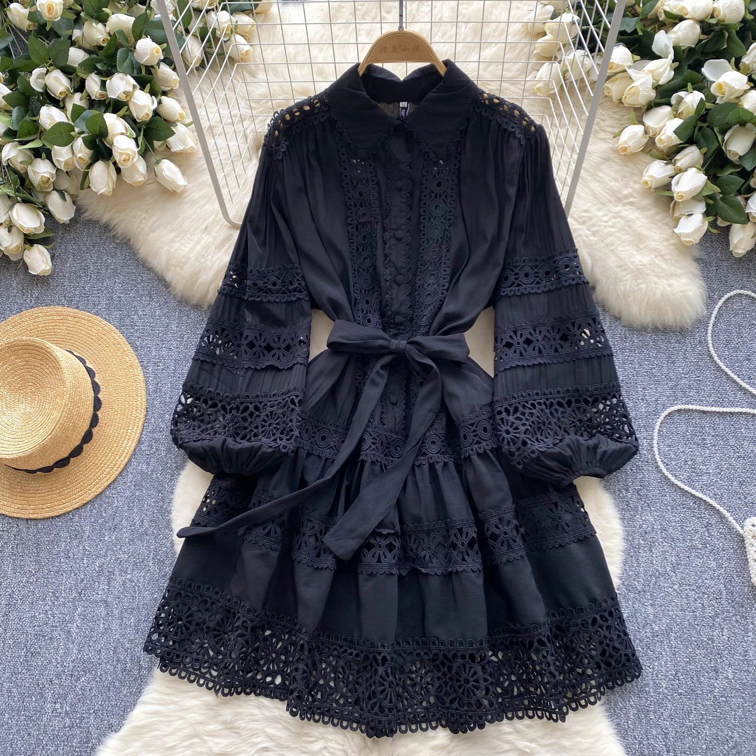 Summer French Black Embroidery Hollow Out Bandage Mini Dress Women White Elegant Single Breasted Lantern Sleeve Party Slim Dress