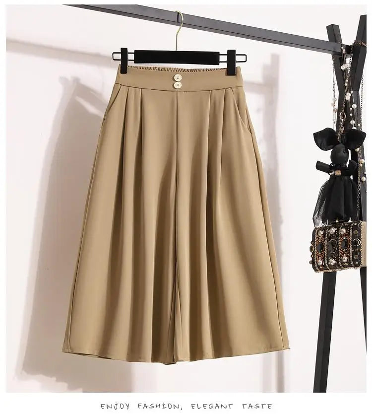 Spring Summer 2025 Black Office Wide Leg Seven Point Pants Women Khaki High Waist Baggy Fashion Festival Pleated Trousers Simple