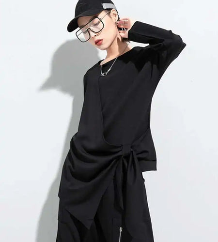 Women Black Bandage Bow Irregular Big Size T-shirt New Round Neck Long Sleeve  Fashion Tide  Spring Autumn 2025 1DC671