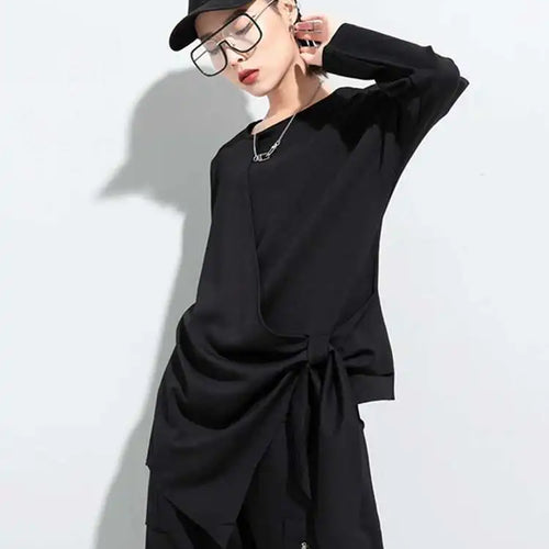 Load image into Gallery viewer, Women Black Bandage Bow Irregular Big Size T-shirt New Round Neck Long Sleeve  Fashion Tide  Spring Autumn 2025 1DC671
