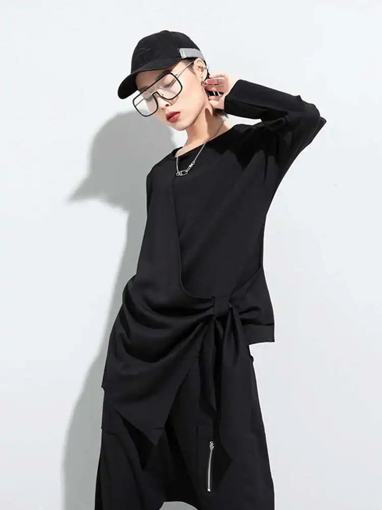 Women Black Bandage Bow Irregular Big Size T-shirt New Round Neck Long Sleeve  Fashion Tide  Spring Autumn 2025 1DC671