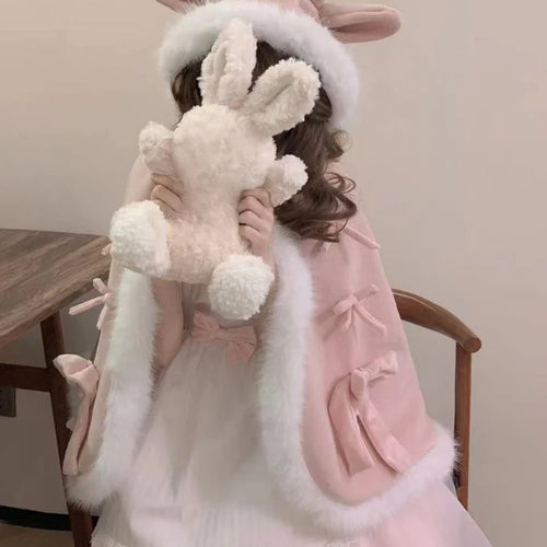 Load image into Gallery viewer, Kawaii Fur Patchwork Loose Sweet Hooded Cloak Coats Japanese Lolita Bandage Cete Jackets Y2k Aesthetic Grunge Bow Women Tops
