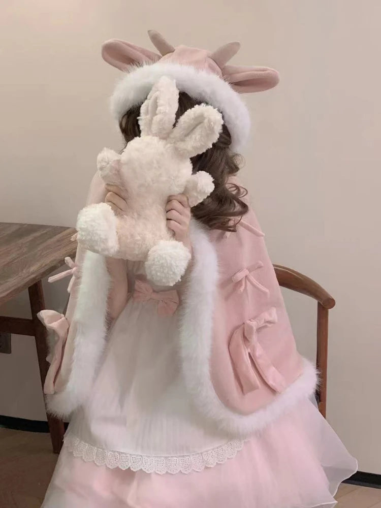 Kawaii Fur Patchwork Loose Sweet Hooded Cloak Coats Japanese Lolita Bandage Cete Jackets Y2k Aesthetic Grunge Bow Women Tops