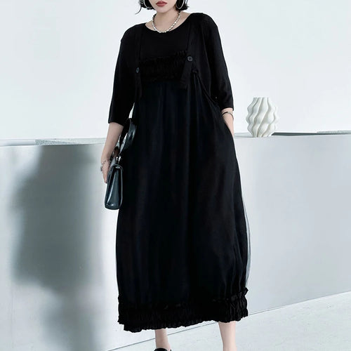 Load image into Gallery viewer, Women Black Ruffles Spliced Big Size Strap Dress New Square Collar Sleeveless Fashion Tide Spring Autumn 2025 1DJ1157
