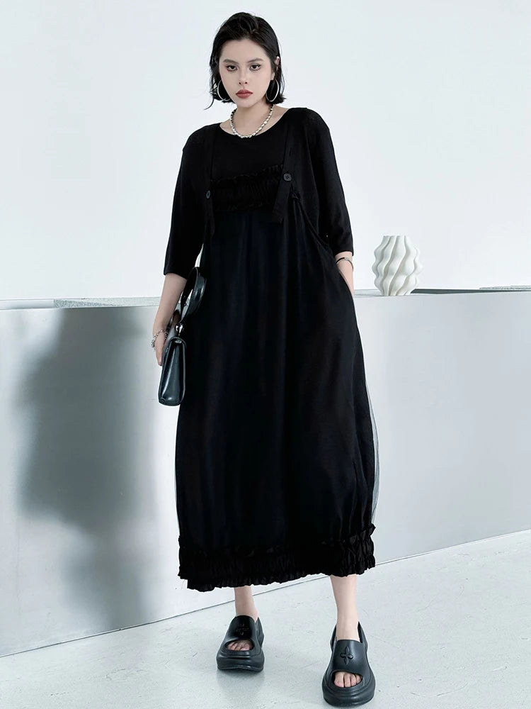 Women Black Ruffles Spliced Big Size Strap Dress New Square Collar Sleeveless Fashion Tide Spring Autumn 2025 1DJ1157