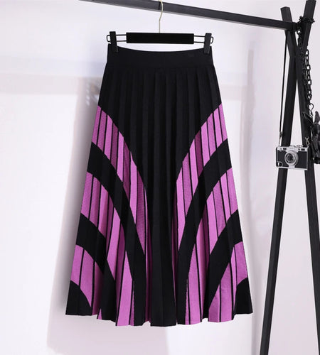 Pleated Skirts Womens Knitted Large Size Elastic High Waist A-line Long Skirt Winter Vintage Casual Office Lady Skirt Female