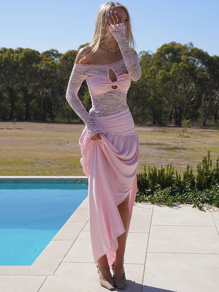 Lace Hollow Out Sexy Maxi Dress Women Gown Off-shoulder Strapless Long Sleeve Backless Split Pleated Long Dress