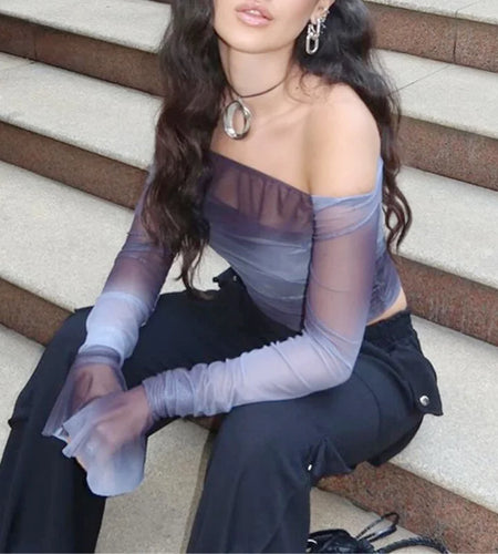 y2k Aesthetic Tops Women Sexy Clothes Tie Dye Print Off Shoulder Flared Long Sleeve T Shirts 2000s Clothing Streetwear