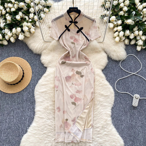 Load image into Gallery viewer, Women New Chinese Style Vintage Beige Print Elegant Long Dress 2024 Summer Fashion Hollow Out Slim Short Sleeve Sexy Party Dress
