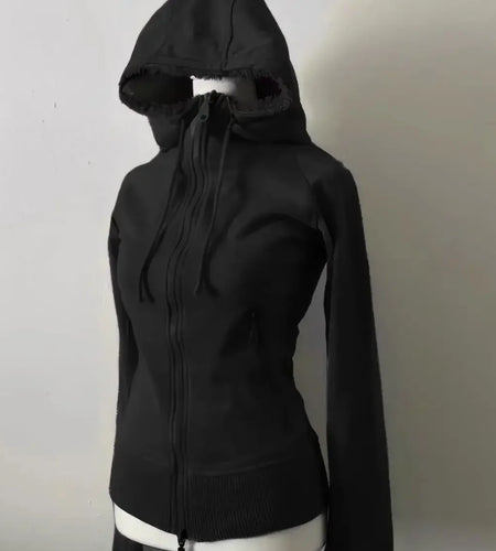 Grey Lamb Wool Double Zipper Hoodies Women's Clothes Slim Waist Hooded Vintage Y2k Coats Ropa Mujer Casual Fashion Sweatshirts