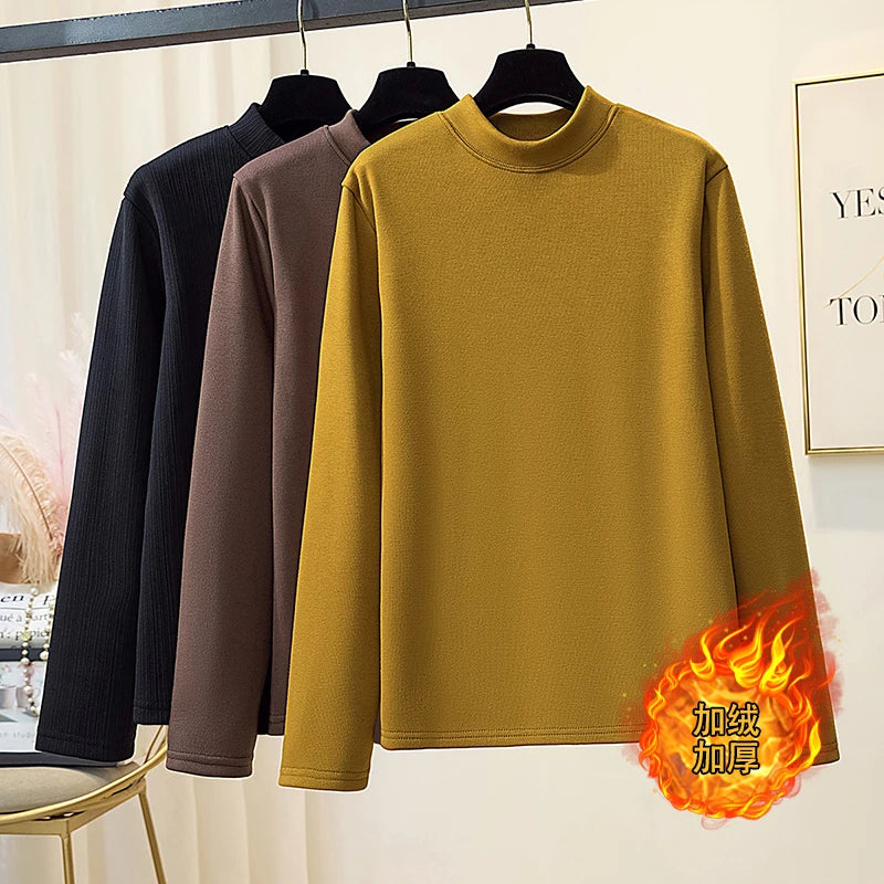Korean Version New Black Brown Velvet Cotton Round Neck T Shirt Autumn Winter Women Yellow Slim Long Sleeve Plus Size Tops Thick