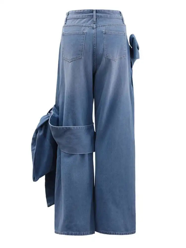 High Waist Blue Denim Bow Three-dimensional Long Wide Leg Jeans New Women Trousers Fashion Tide Spring Autumn 2025 CPDB180