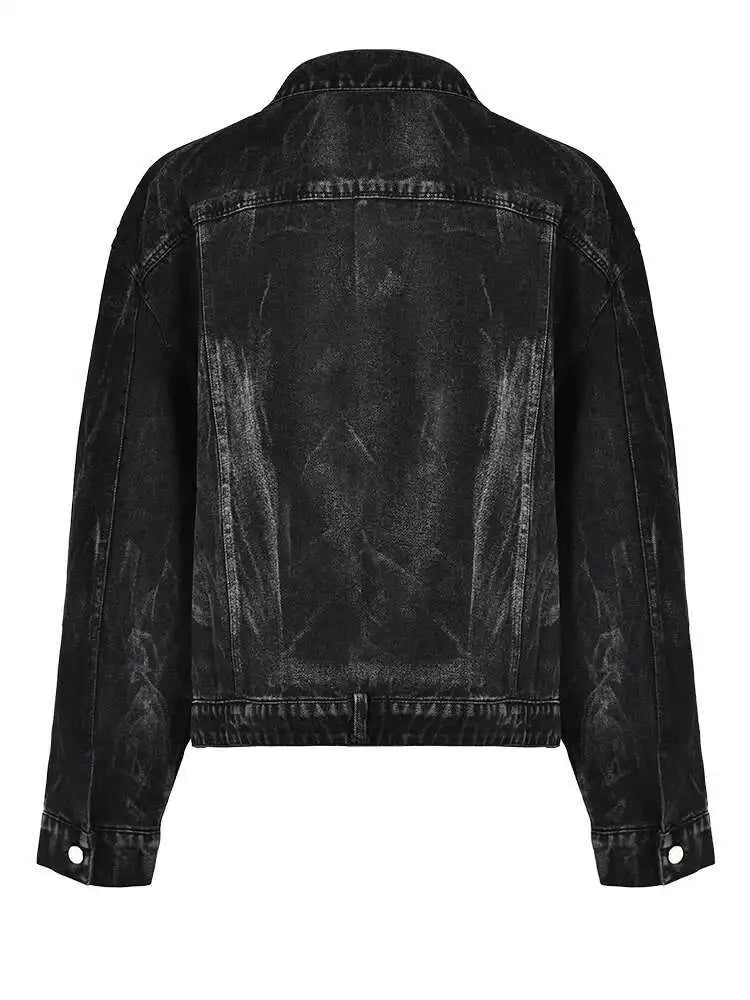 Loose Fit Black Denim Pocket Big Size Casual Jacket New Lapel Long Sleeve Women Coat Fashion Spring Autumn 2025 CPG0026