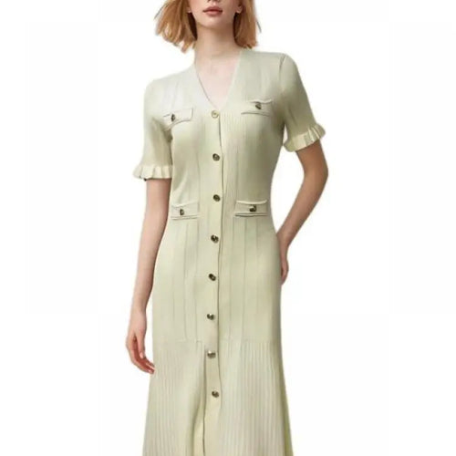 Load image into Gallery viewer, Women Solid V Neck Ruffles Edge Knitted Single Breasted Dress Fashion Spring Summer Short Sleeves Festival Long Dress Simplicity
