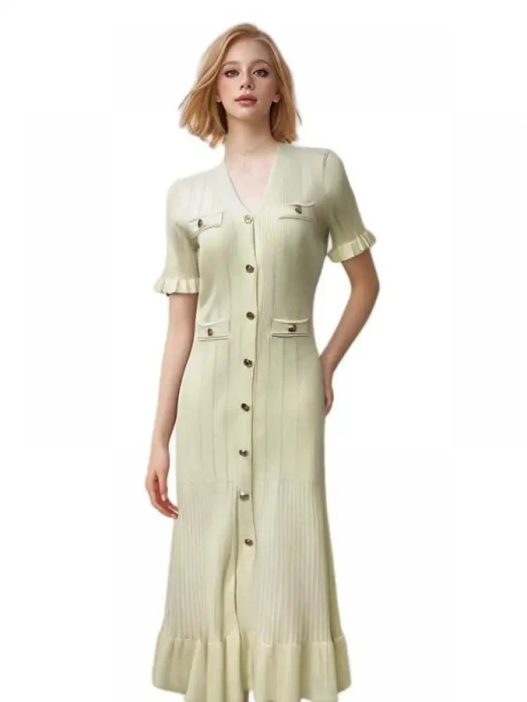 Women Solid V Neck Ruffles Edge Knitted Single Breasted Dress Fashion Spring Summer Short Sleeves Festival Long Dress Simplicity