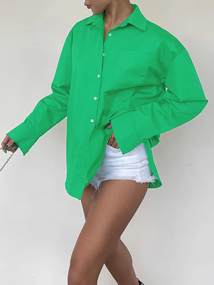 Green Loose Shirts For Women Lapel Long Sleeve Patchwork Single Breasted Autumn Blouse Female Fashion Clothing