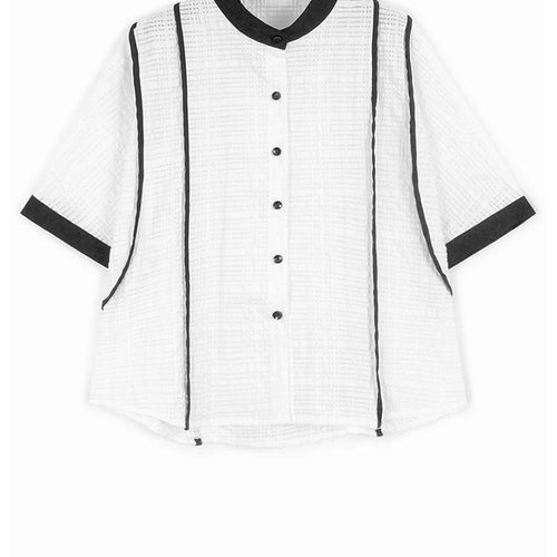 Load image into Gallery viewer, Women Black Color-block Big Size Casual Blouse New Stand Collar Short Sleeve Shirt Fashion Tide Spring Summer 2025 1DJ1108
