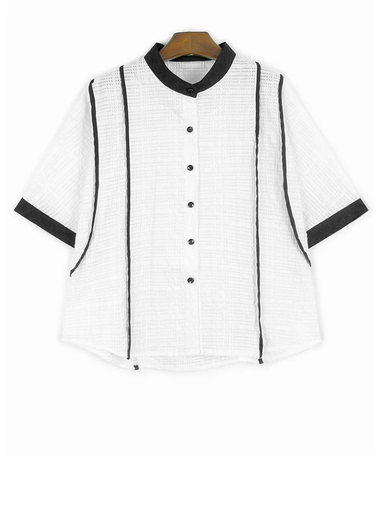Women Black Color-block Big Size Casual Blouse New Stand Collar Short Sleeve Shirt Fashion Tide Spring Summer 2025 1DJ1108