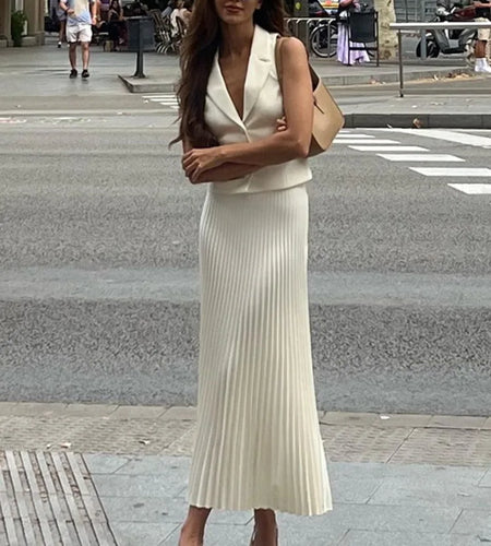 Fashion Skirt Two Piece Sets Women Notched Collar Sleeveless Crop Tops And Midi Skirt Femme Elegant Pleated Skirt Sets
