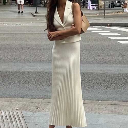Load image into Gallery viewer, Fashion Skirt Two Piece Sets Women Notched Collar Sleeveless Crop Tops And Midi Skirt Femme Elegant Pleated Skirt Sets
