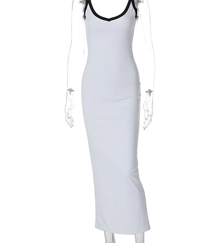 Fashion Color Block V Neck Straps Backless Slit Sexy Bodycon Maxi Dress Women Elegant Outfits Party Festival Y2K