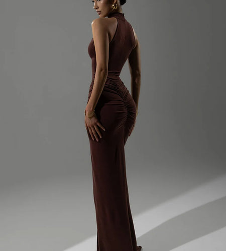 Halter Ruched Sleeveless Sexy Maxi Dress Women Gown Fashion Slim High Waist Evening Club Party Split Long Dress