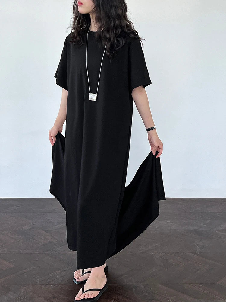 Women White Bandage Irregular Big Size Midi Dress New Round Neck Short Sleeve Fashion Tide Spring Summer 2025 1DJ1263