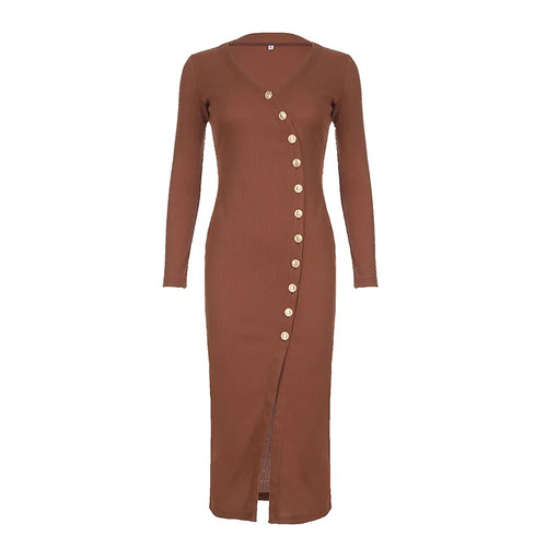 Load image into Gallery viewer, Asymmetrical Brown Knitted Autumn Dress Sexy Split Buttons Slim Casual Elegant Long Dress Ladies Clubwear Basic 2024
